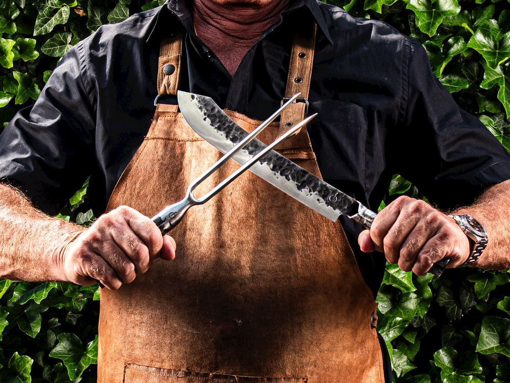 SDV FORGED BBQ METZGERMESSER + MESSERSCHEIDE AUS LEDER